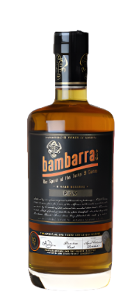 Bottle of Bambarra rum on a white background