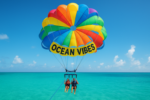 Parasailing over turquoise waters with colorful parachutes against a blue sky, showing the thrill of Ocean Vibes parasailing adventures in Turks & Caicos